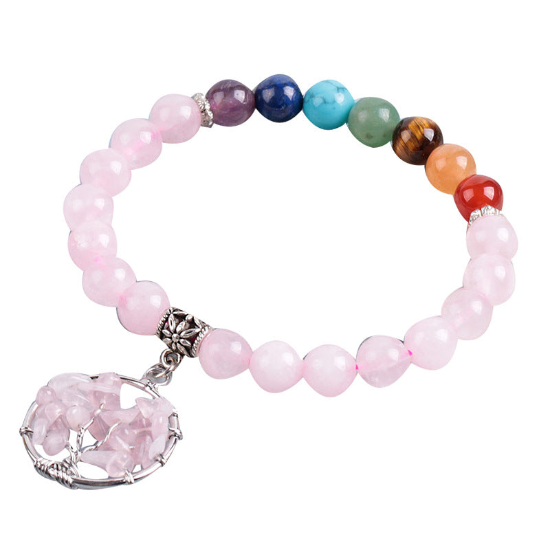 Women's natural colored pink crystal semi-precious stone bead bracelet pure handmade tree of life with pendant jewelry - V.I.P Digital Presence
