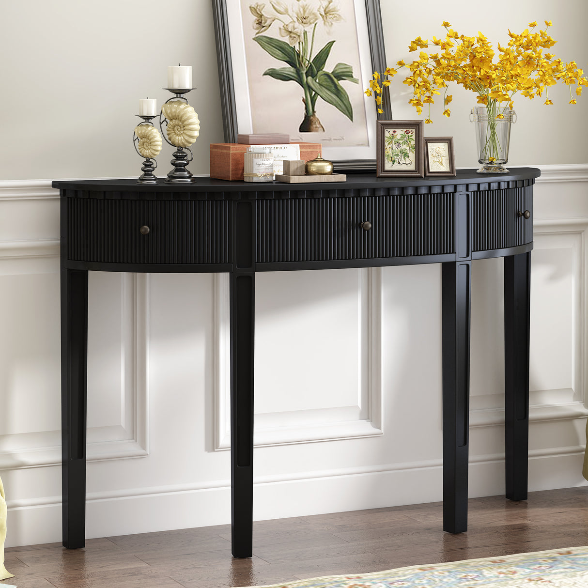 U-Style Distinctive Features of Pine Veneer Console Table with Vertical Stripe Drawer Fronts and Four Legs - V.I.P Digital Presence