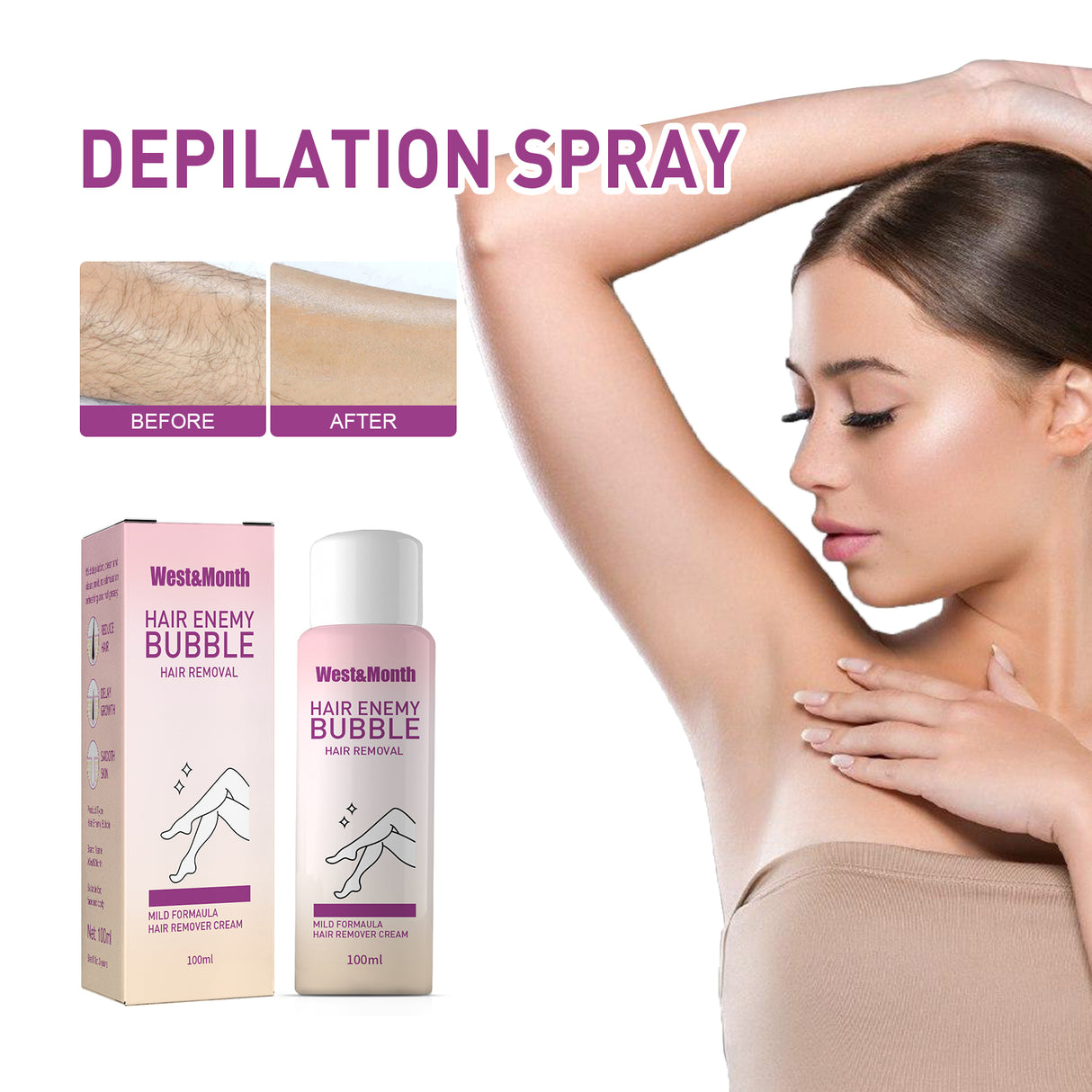 Hair Removal Spray, Mild Non-Irritating Full Action Hair Leg Hair Armpit Hair Removal Spray