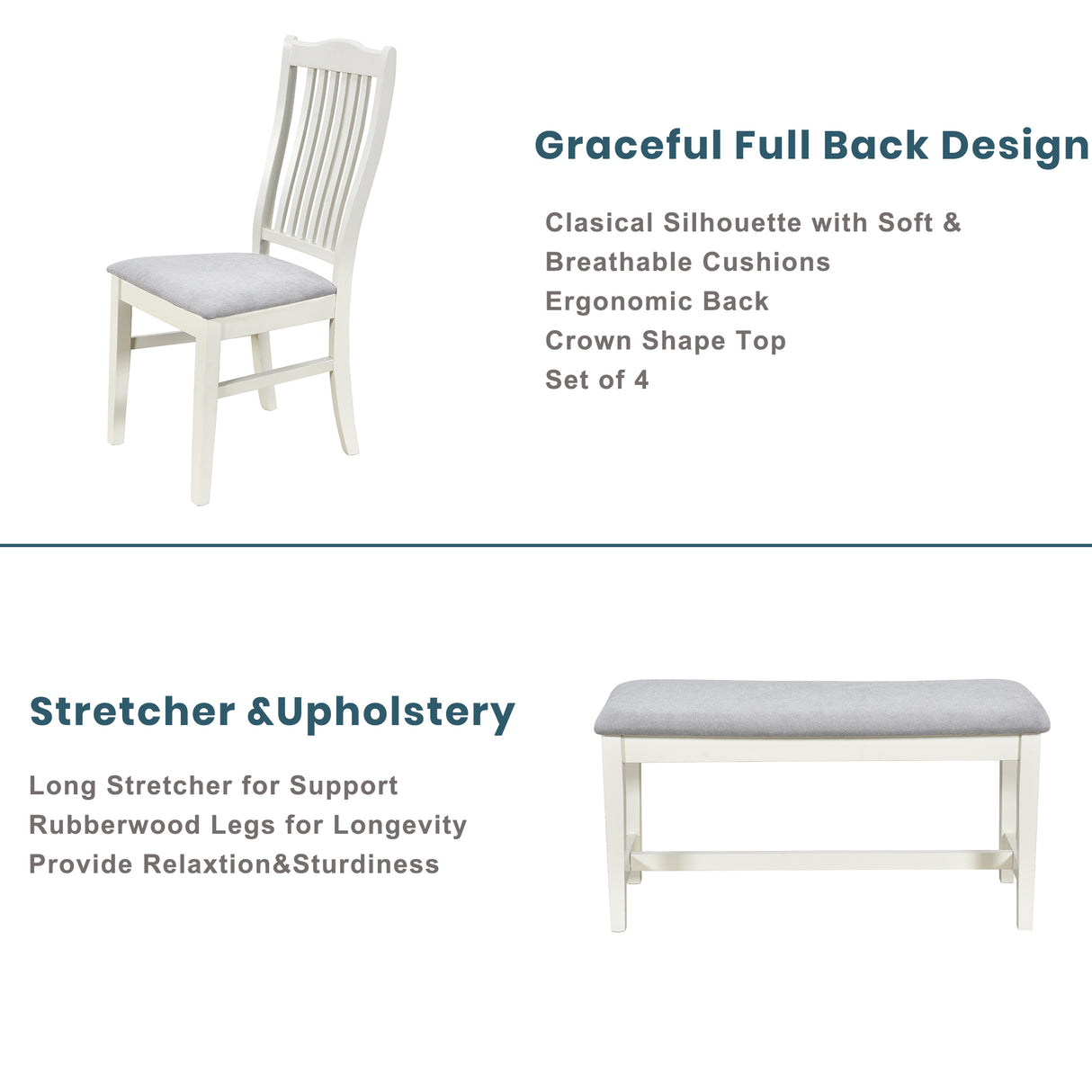 TOPMAX Mid-Century 6-Piece Wood Dining Table Set, Kitchen Table Set with Drawer Upholstered Chairs and Bench Butter Milk