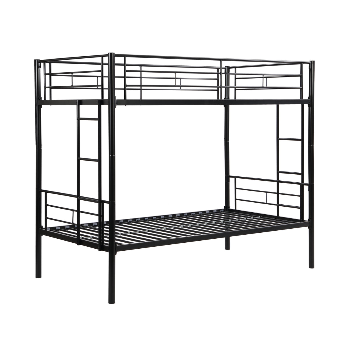 Double decker bed, size above twin bed, with 2 ladders and full-length guardrail, metal, storage space, black - V.I.P Digital Presence