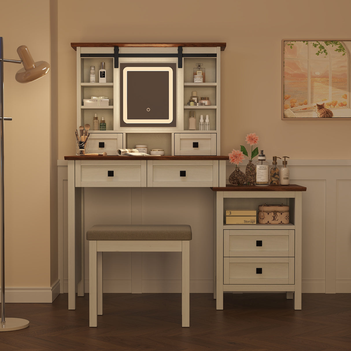 46.5-inch dressing table with adjustable LED lighting mirror and charging station, equipped with soft cushioned stool - V.I.P Digital Presence