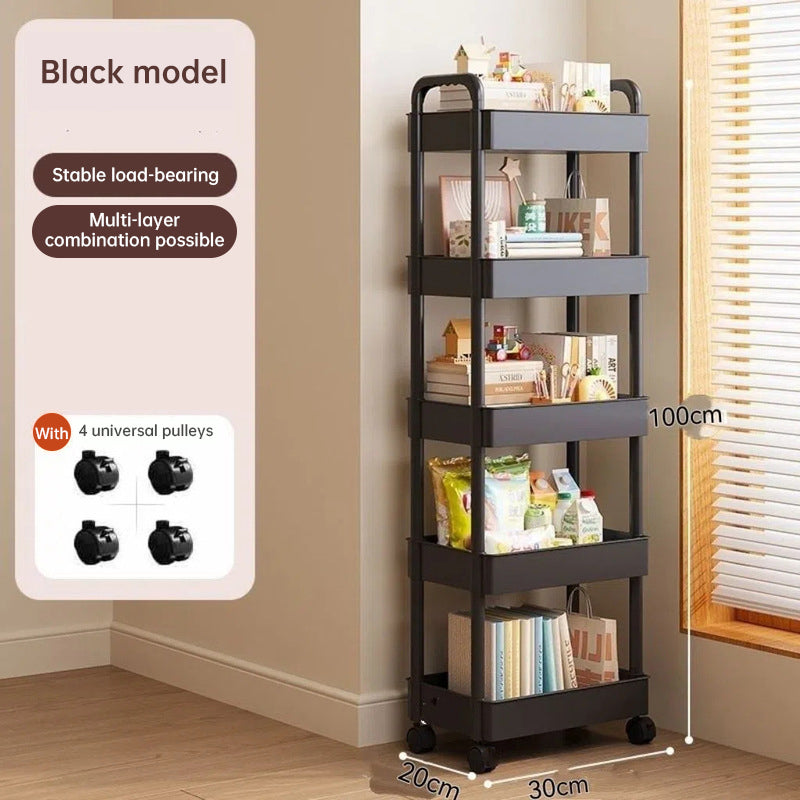 White rolling storage cart. Multifunctional, open shelves for books, ideal for kitchen & bedroom storage - V.I.P Digital Presence