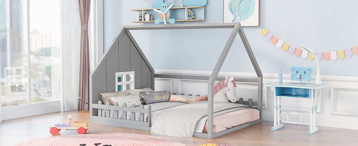 Full Size Wood House Bed with Window and Fence Gray