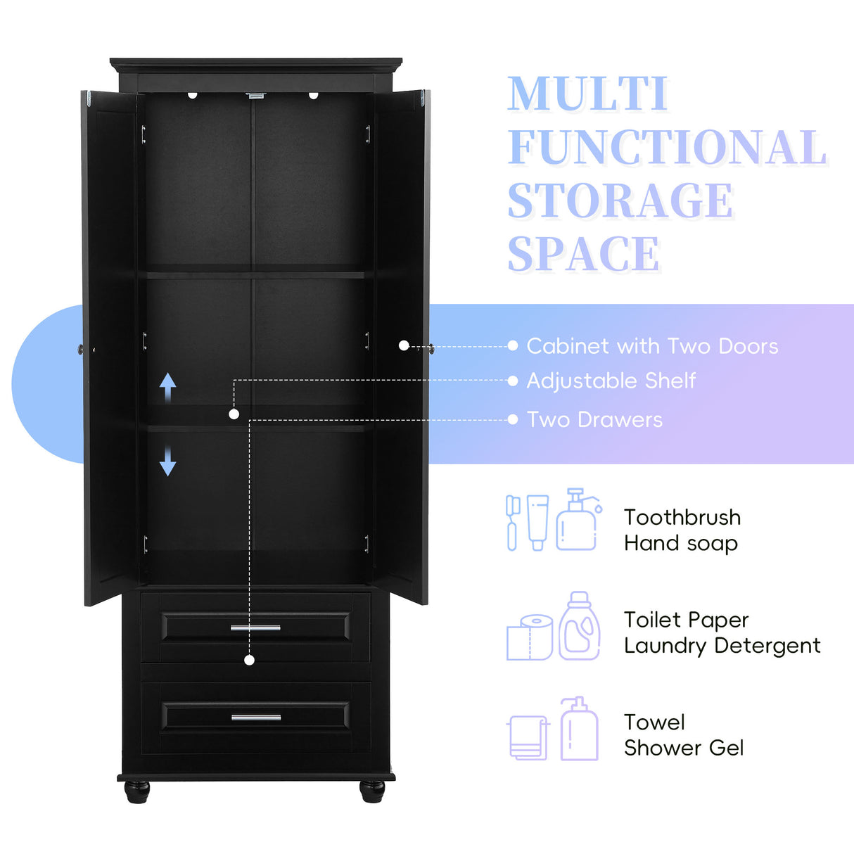 Tall Storage Cabinet with Two Drawers for Bathroom/Office, Black - V.I.P Digital Presence