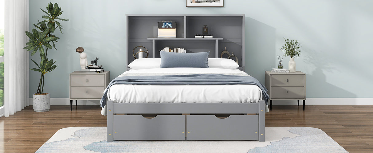 Full Size Platform Bed with Storage Headboard and 2 Drawers, Gray - V.I.P Digital Presence