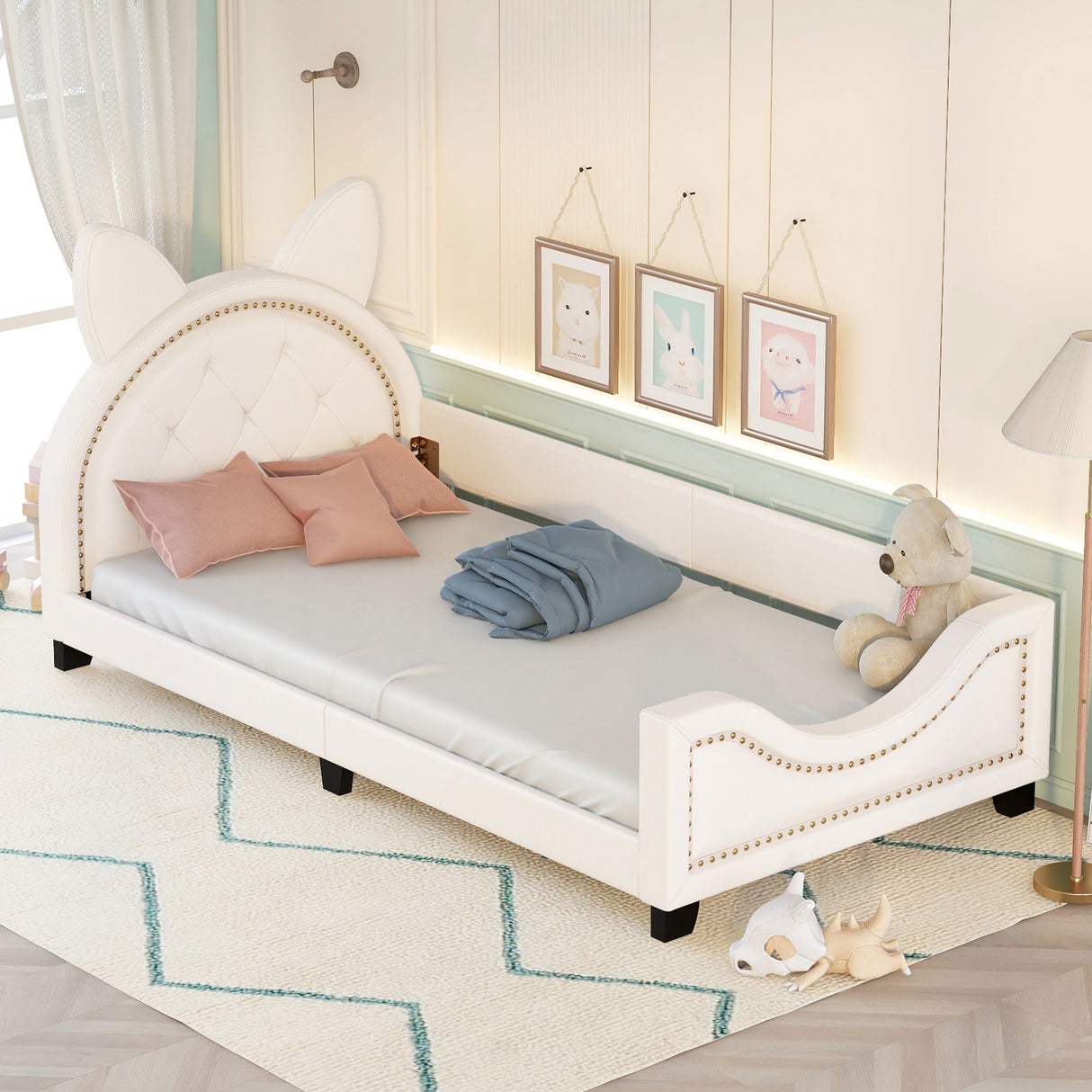 Twin Size Upholstered Daybed with Carton Ears Shaped Headboard White