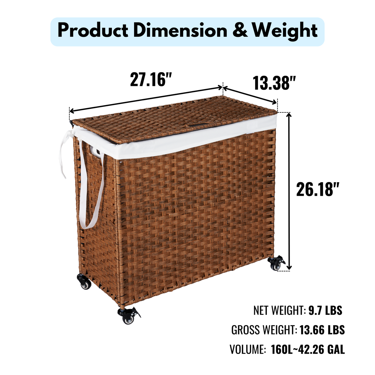 Laundry Hamper With Lid PE Rattan Powder Coating Frame Clothes Hampers with 02 Removable Bags, Wheels, 160L, Brown Color - V.I.P Digital Presence