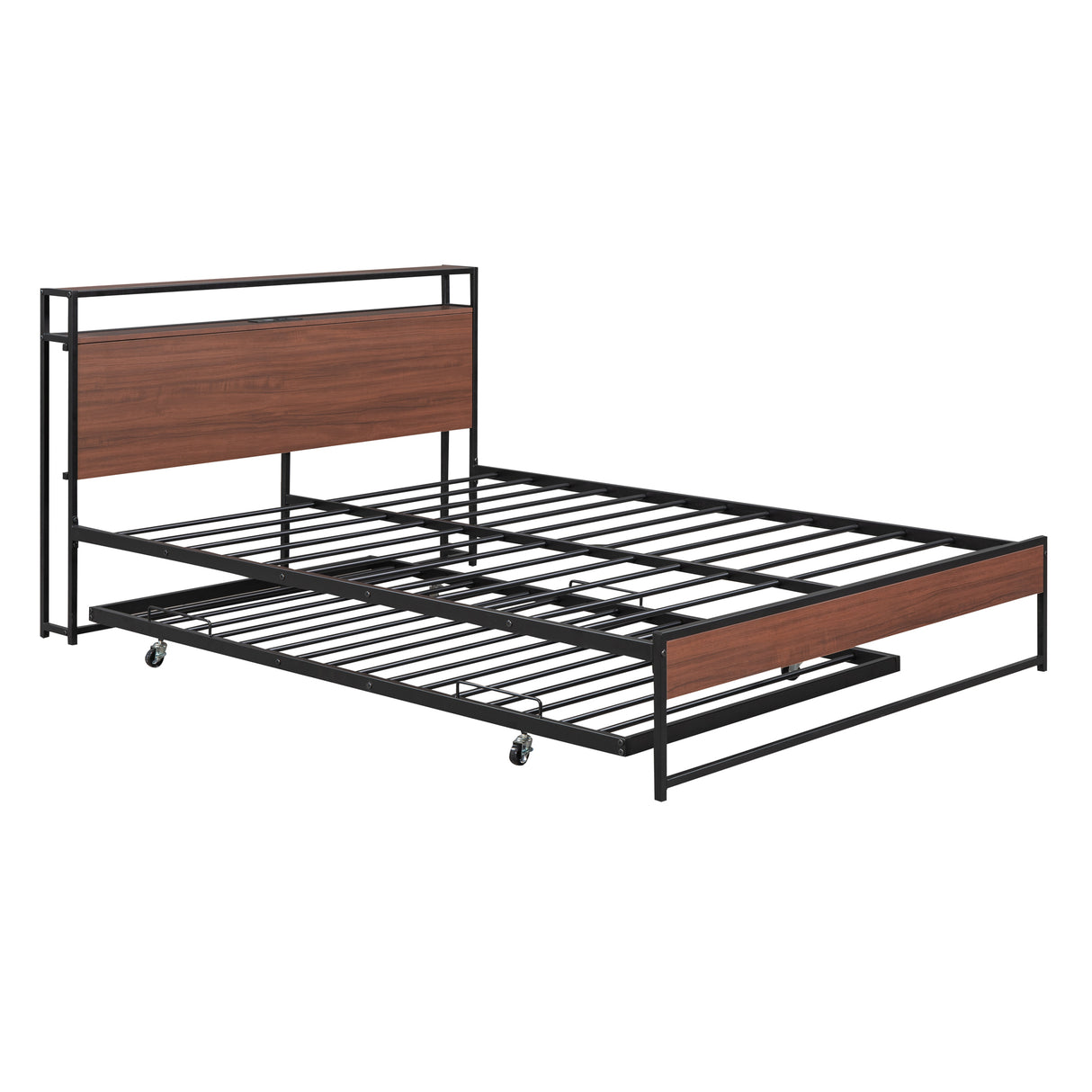 Queen Size Metal Platform Bed Frame with Trundle, USB Ports and Slat Support ,No Box Spring Needed Black - V.I.P Digital Presence
