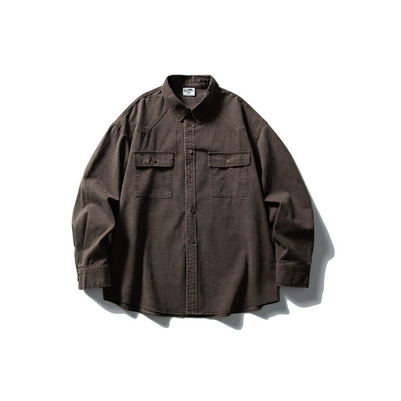 Used washed casual loose long sleeved shirt jacket men's workwear shirt - V.I.P Digital Presence