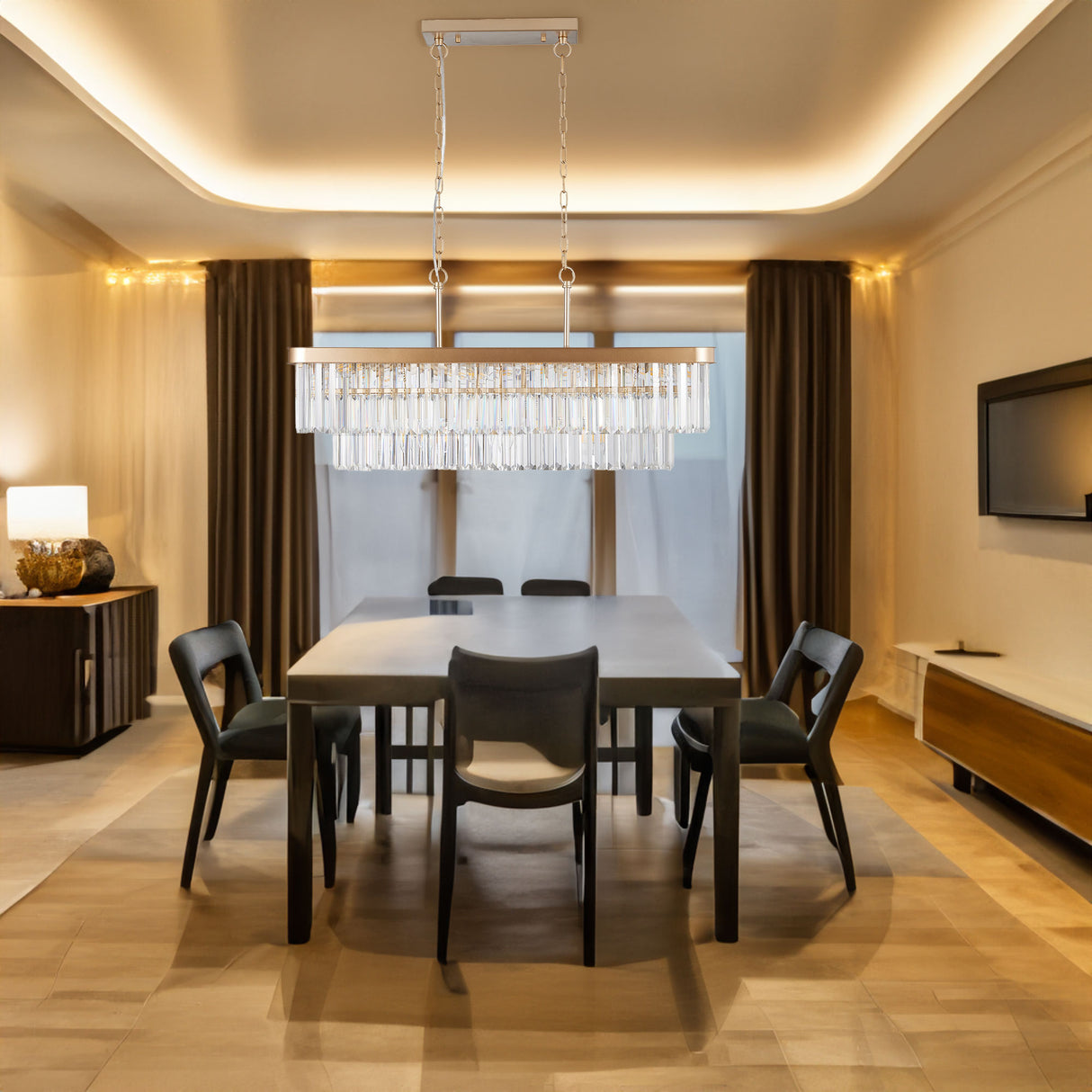 Chandeliers,Rectangular Crystal Chandelier Adjustable,E12 Modern Industrial Crystal Lights (Bulb Not Included) - V.I.P Digital Presence