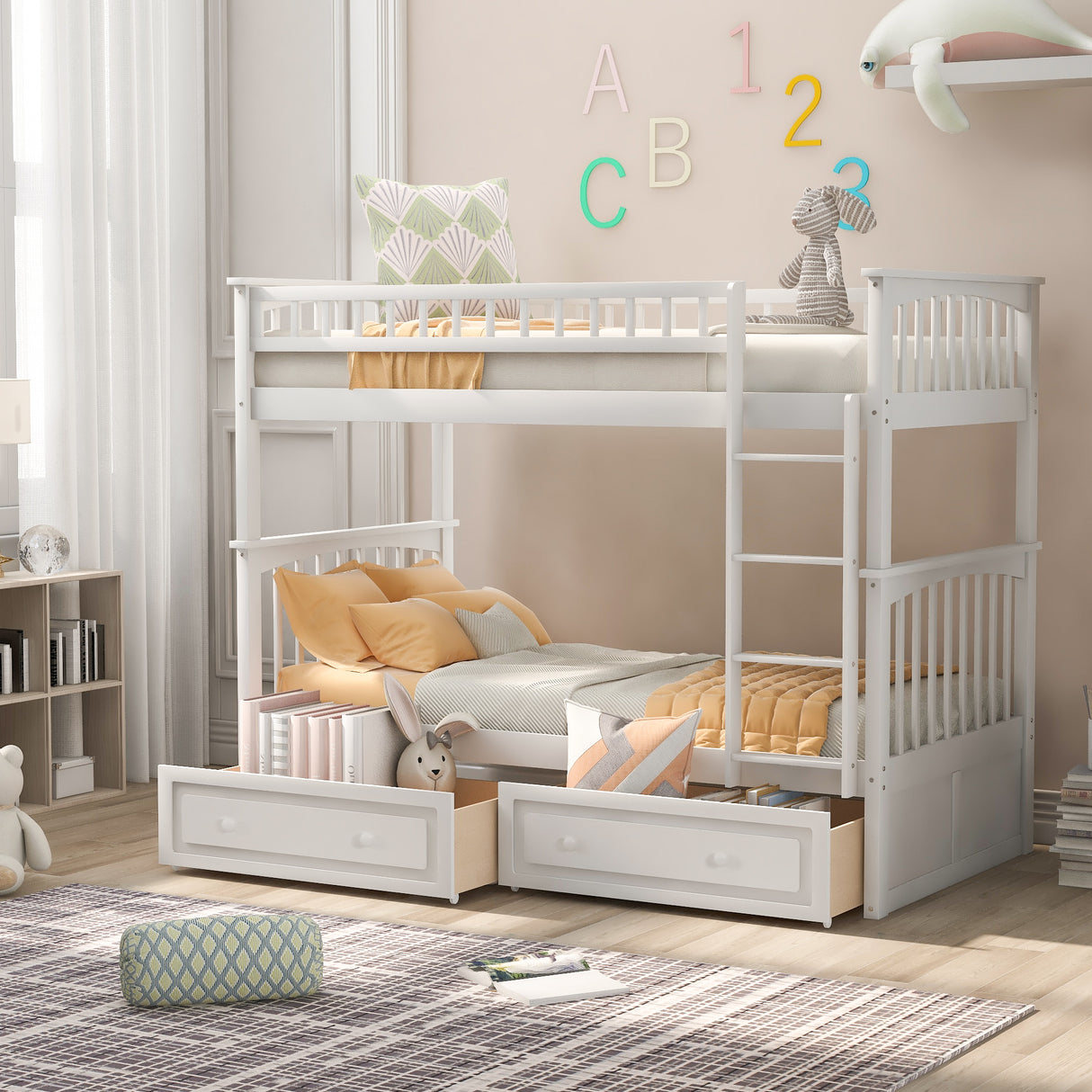 Twin over Twin Bunk Bed with Drawers Convertible Beds White