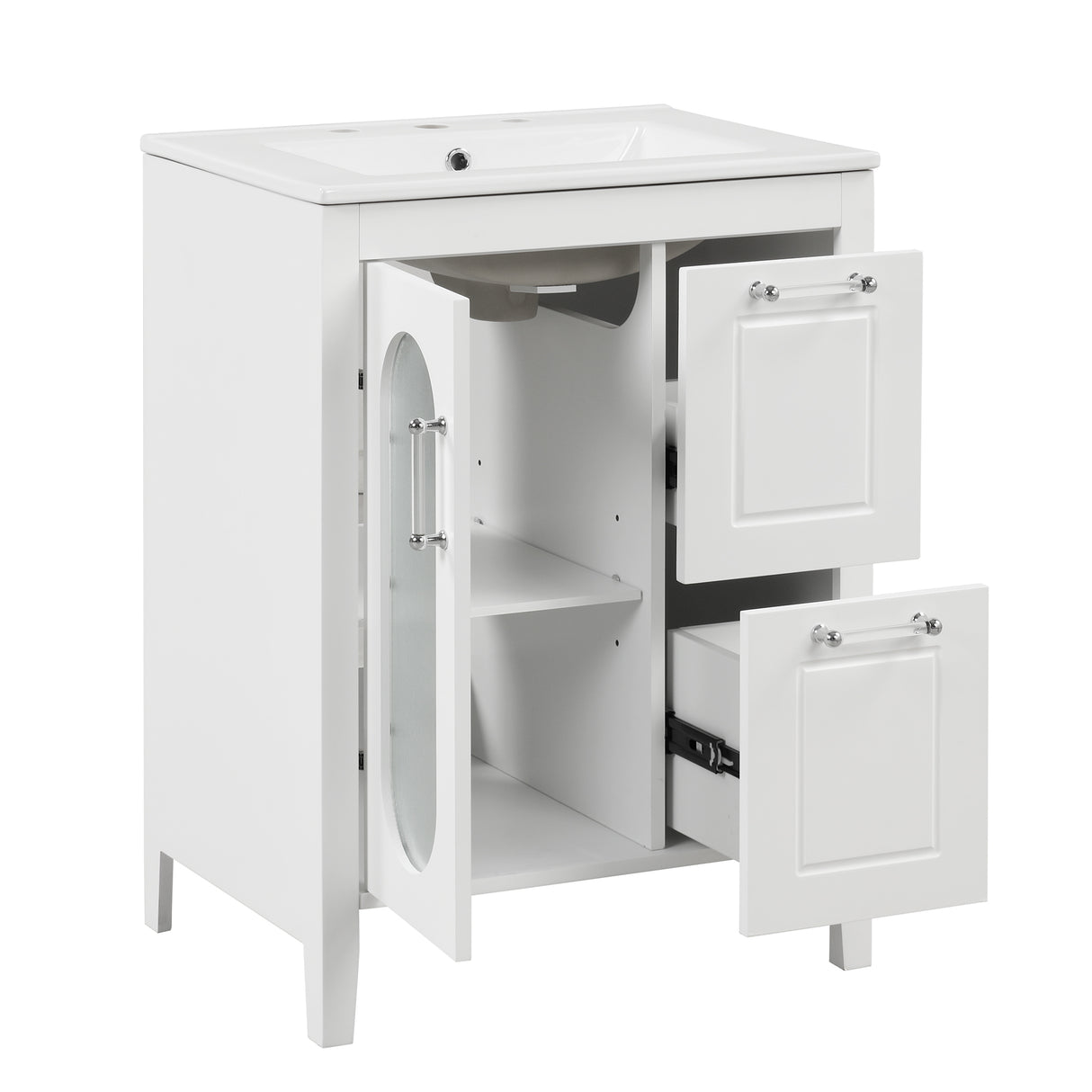 24" Bathroom Vanity with Sink, Bathroom Vanity Cabinet with Two Drawers and Door, Adjustable Shelf, Solid Wood and MDF, White - V.I.P Digital Presence