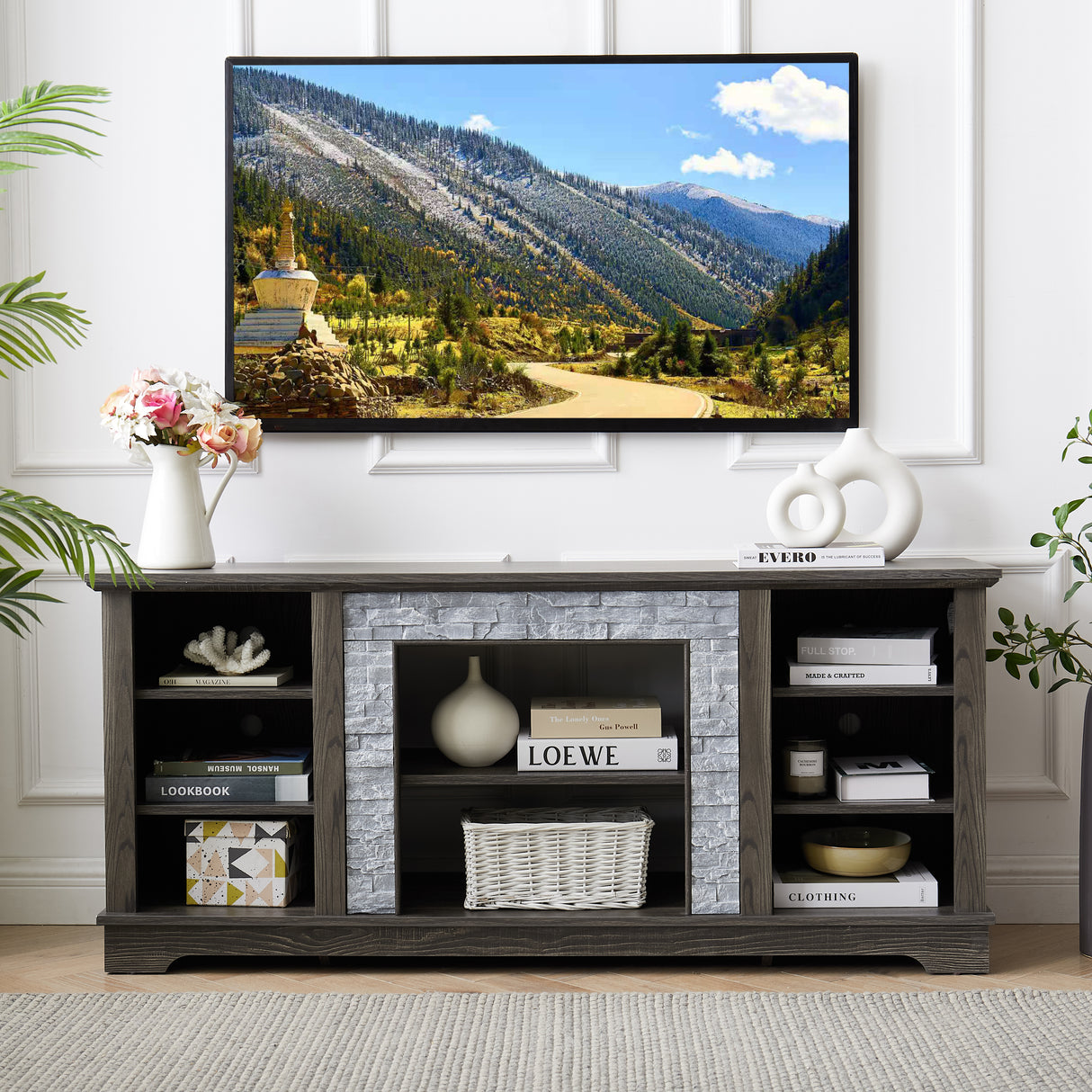 Mantel Stone modern entertainment console, manually stacked stone surrounds open storage space, gray - V.I.P Digital Presence