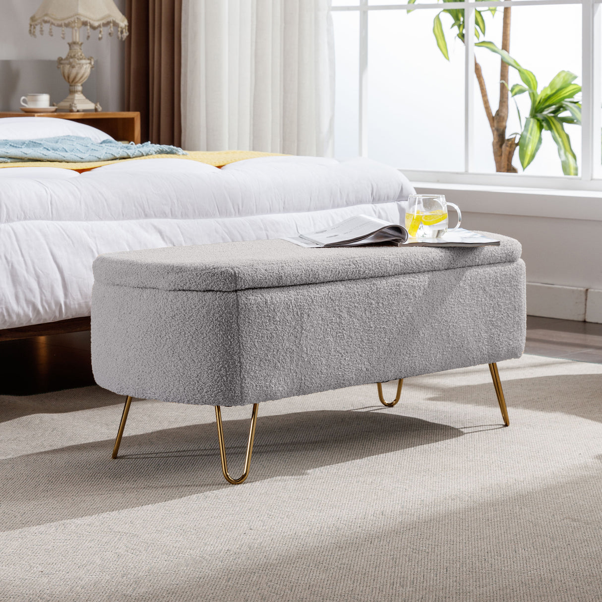 Grey Storage Ottoman Bench for End of Bed Gold Legs Modern Grey Faux Fur Entryway Bench - V.I.P Digital Presence