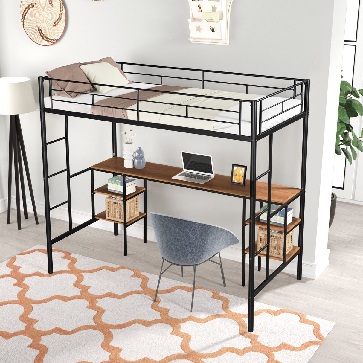 Twin loft bed with table and shelf/Heavy duty sturdy metal/Built in table and shelf/Noise reduction/Safety fence - V.I.P Digital Presence