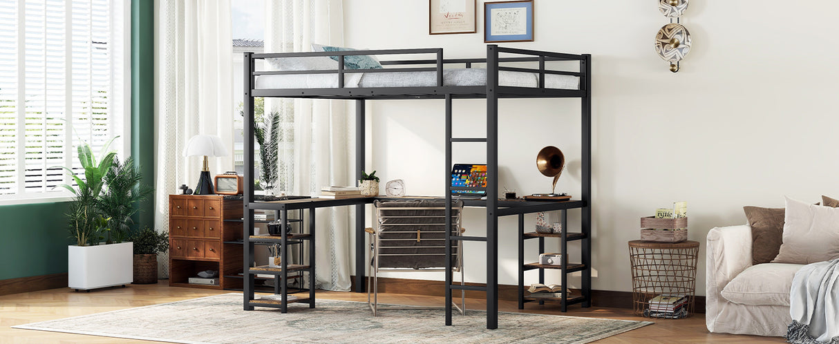 Full metal loft bed with desk and shelf, loft bed with ladder and guardrail, bedroom loft bed frame, black - V.I.P Digital Presence
