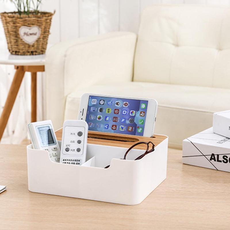 Multi-functional Plastic Tissue Box with Bamboo Wooden Cover Phone Slot Home Kitchen Napkin Case Holder Storage Decoration - V.I.P Digital Presence