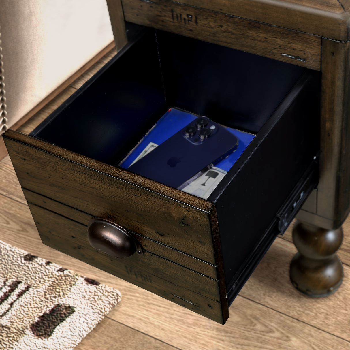 Solid wood end table, rectangular 23.6 inch narrow edge table with drawers, vintage bedside table, Espresso - V.I.P Digital Presence