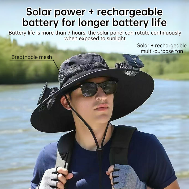 Solar fan hat: wide - brim bucket hat with 2 solar fans, men’s summer cap for outdoor fishing, camping, hiking. - V.I.P Digital Presence