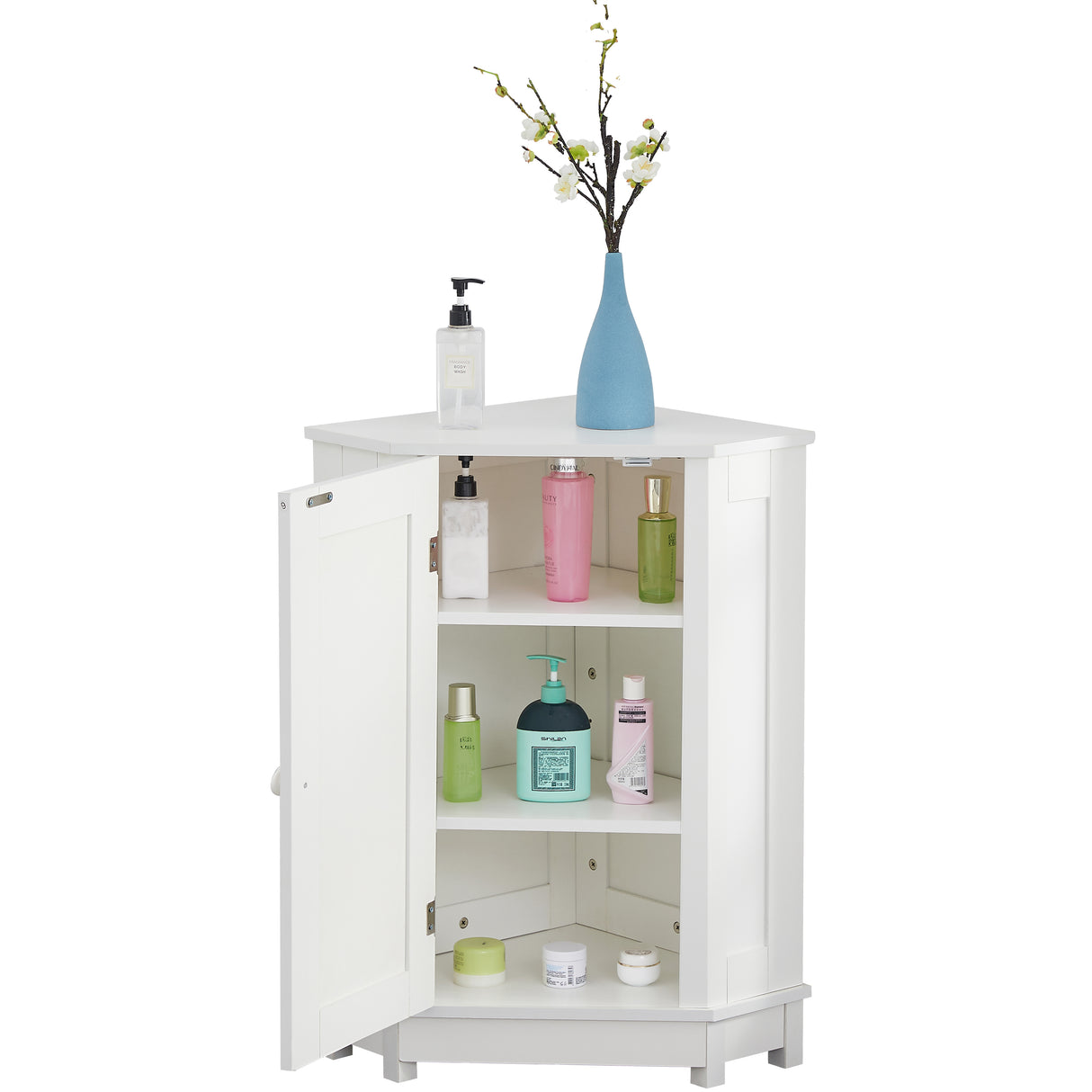 White Bathroom Cabinet Triangle Corner Storage Cabinet with Adjustable Shelf Modern Style MDF Board - V.I.P Digital Presence