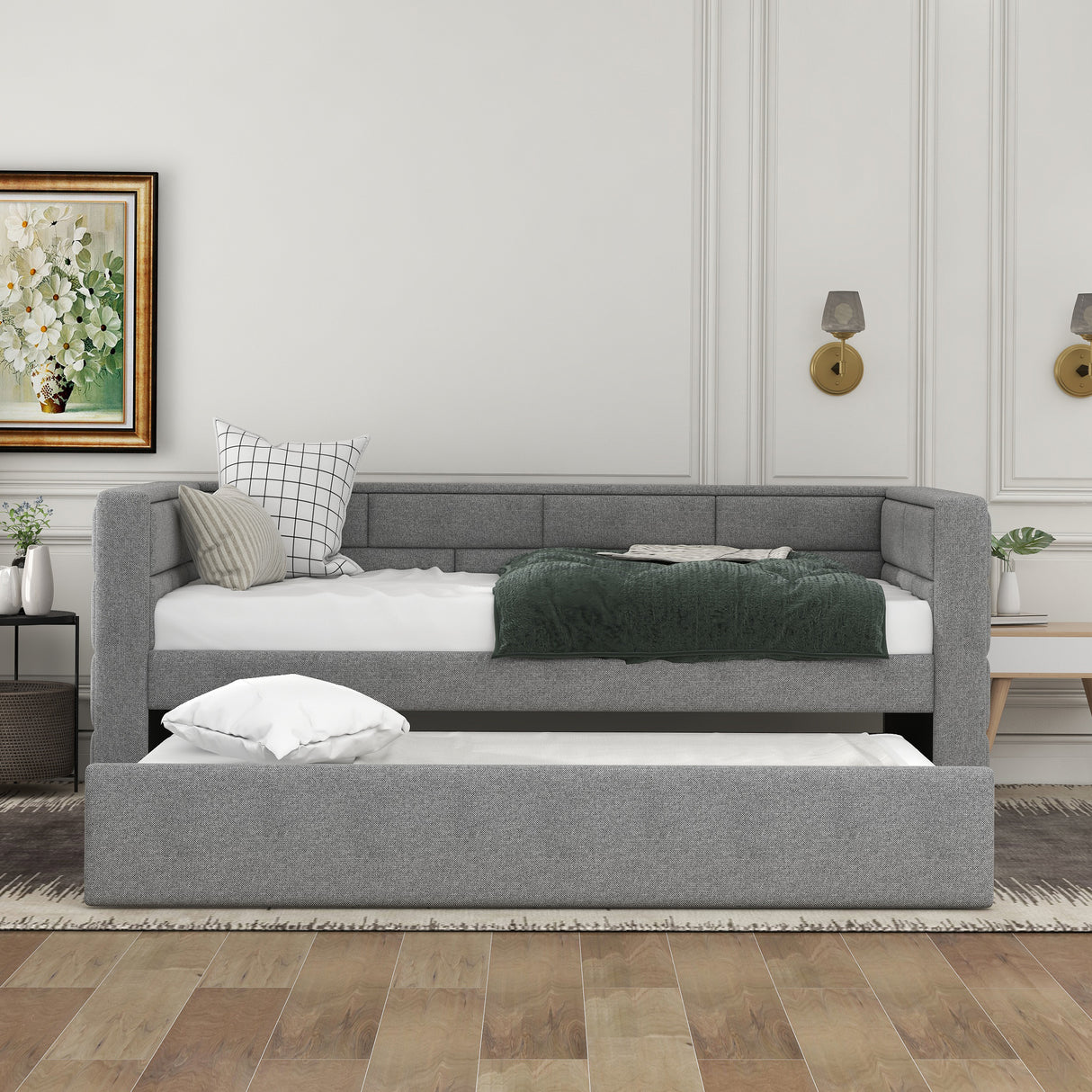 Twin Size Daybed with Trundle Upholstered Daybed with Padded Back Gray