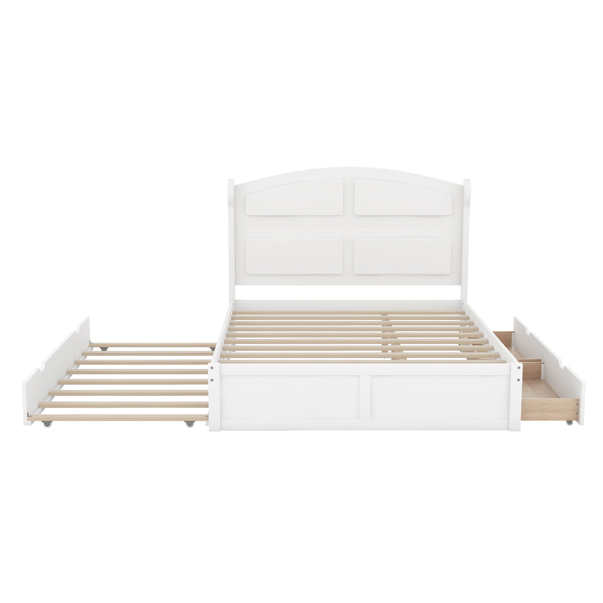Wood Queen Size Platform Bed with Twin Size Trundle and 2 Drawers White