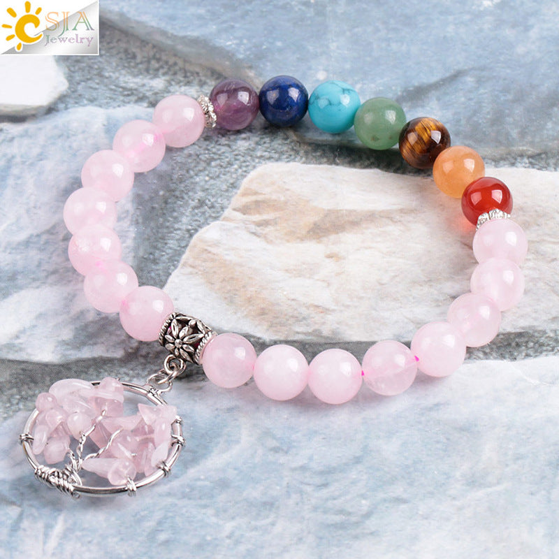 Women's natural colored pink crystal semi-precious stone bead bracelet pure handmade tree of life with pendant jewelry - V.I.P Digital Presence