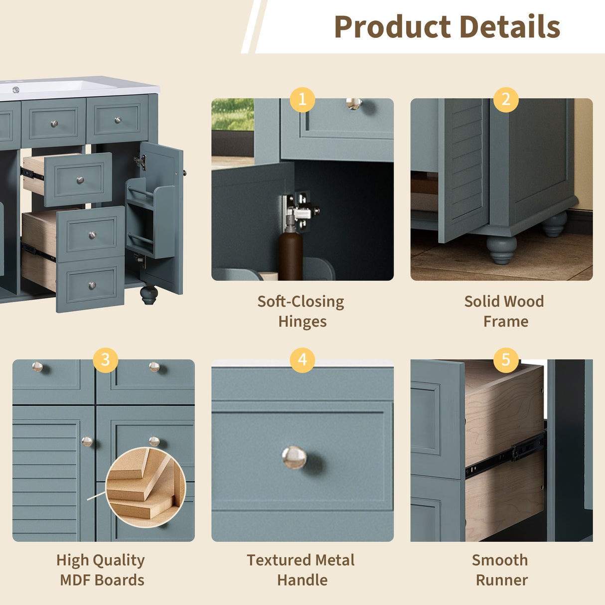 36 "bathroom makeup cabinet with resin sink combination and 2 drawers, with soft closing door, blue color - V.I.P Digital Presence