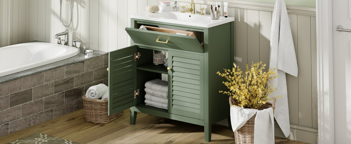 30-Inch Bathroom Vanity with Ceramic Sink Combination, Ample Storage - Features 1 Pullout and Multifunctional Shelf Dividers - V.I.P Digital Presence