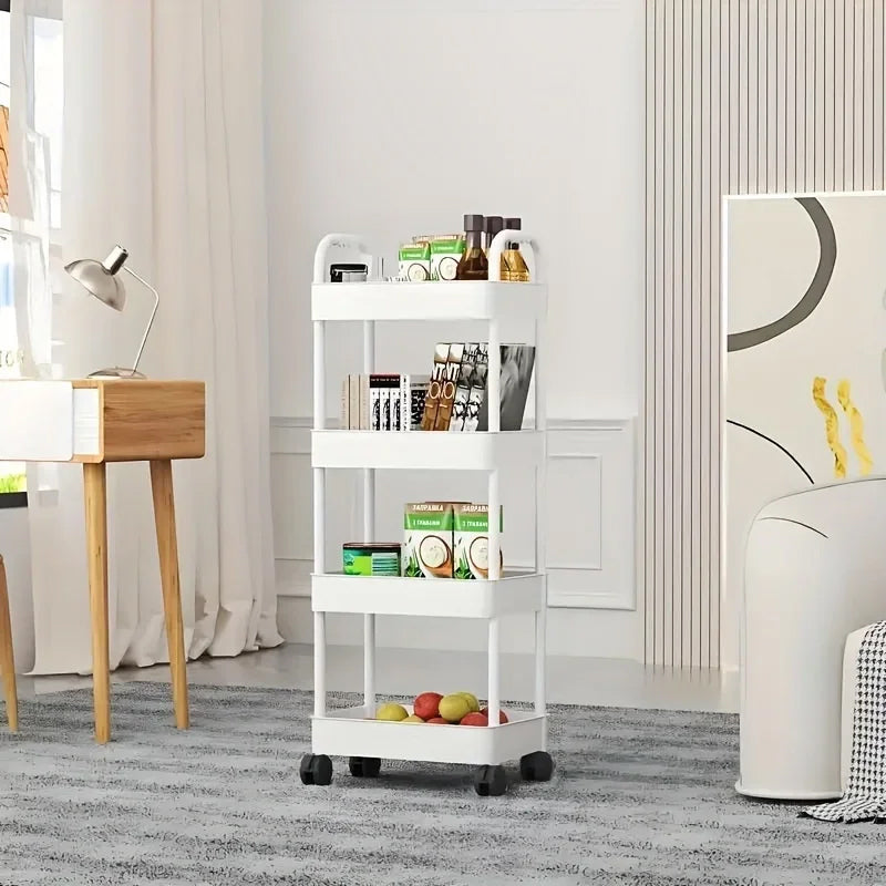 White rolling storage cart. Multifunctional, open shelves for books, ideal for kitchen & bedroom storage - V.I.P Digital Presence