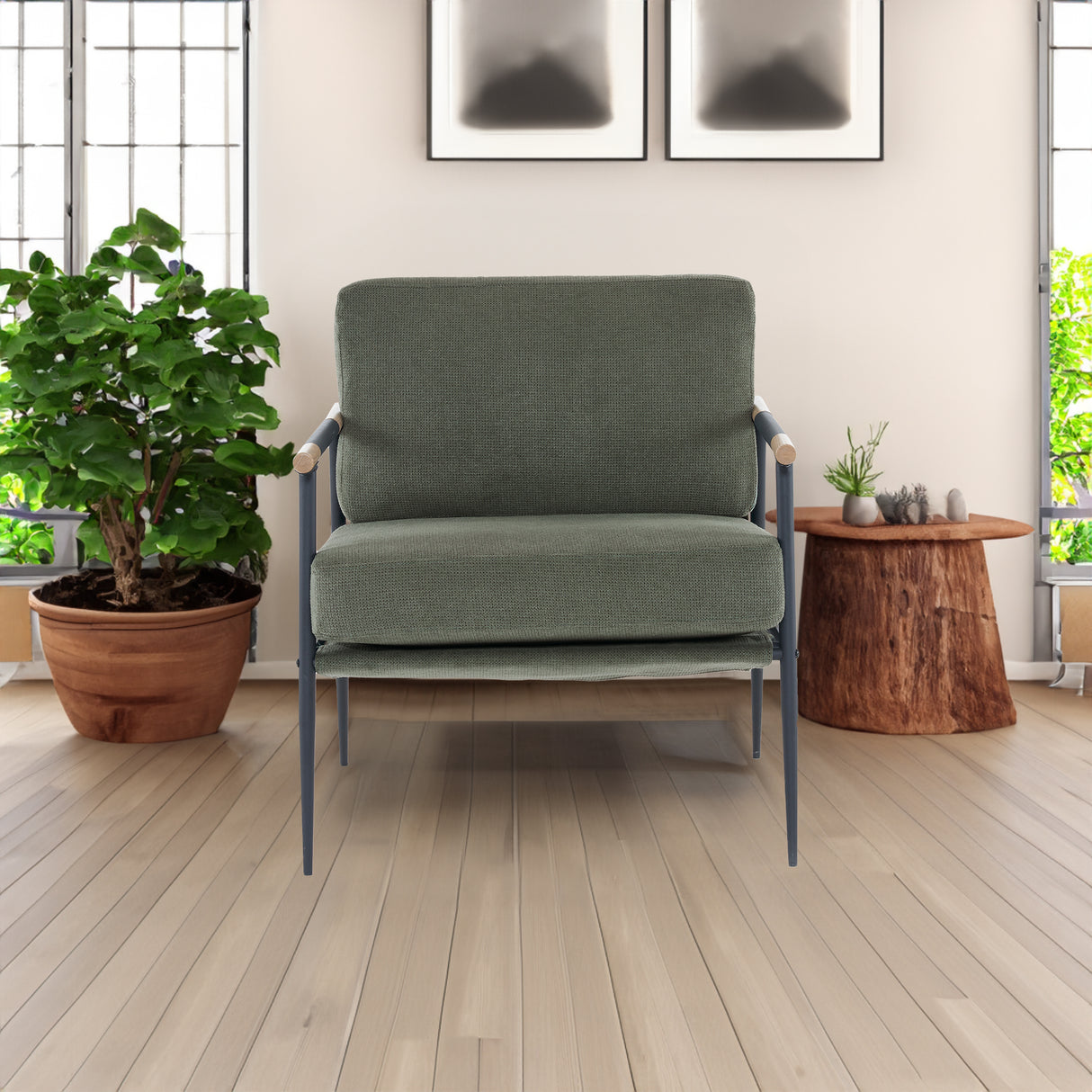 Soft cushioned reading chair with plush fabric, modern armchair with metal frame, green - V.I.P Digital Presence