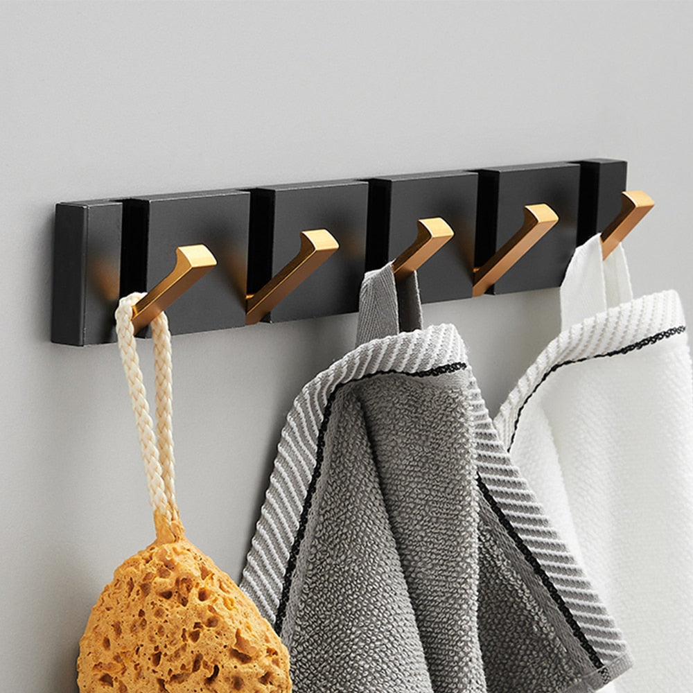 Folding Towel Hanger 2ways Installation Wall Hooks Coat Clothes Holder for Bathroom Kitchen Bedroom Hallway, Black Gold - V.I.P Digital Presence
