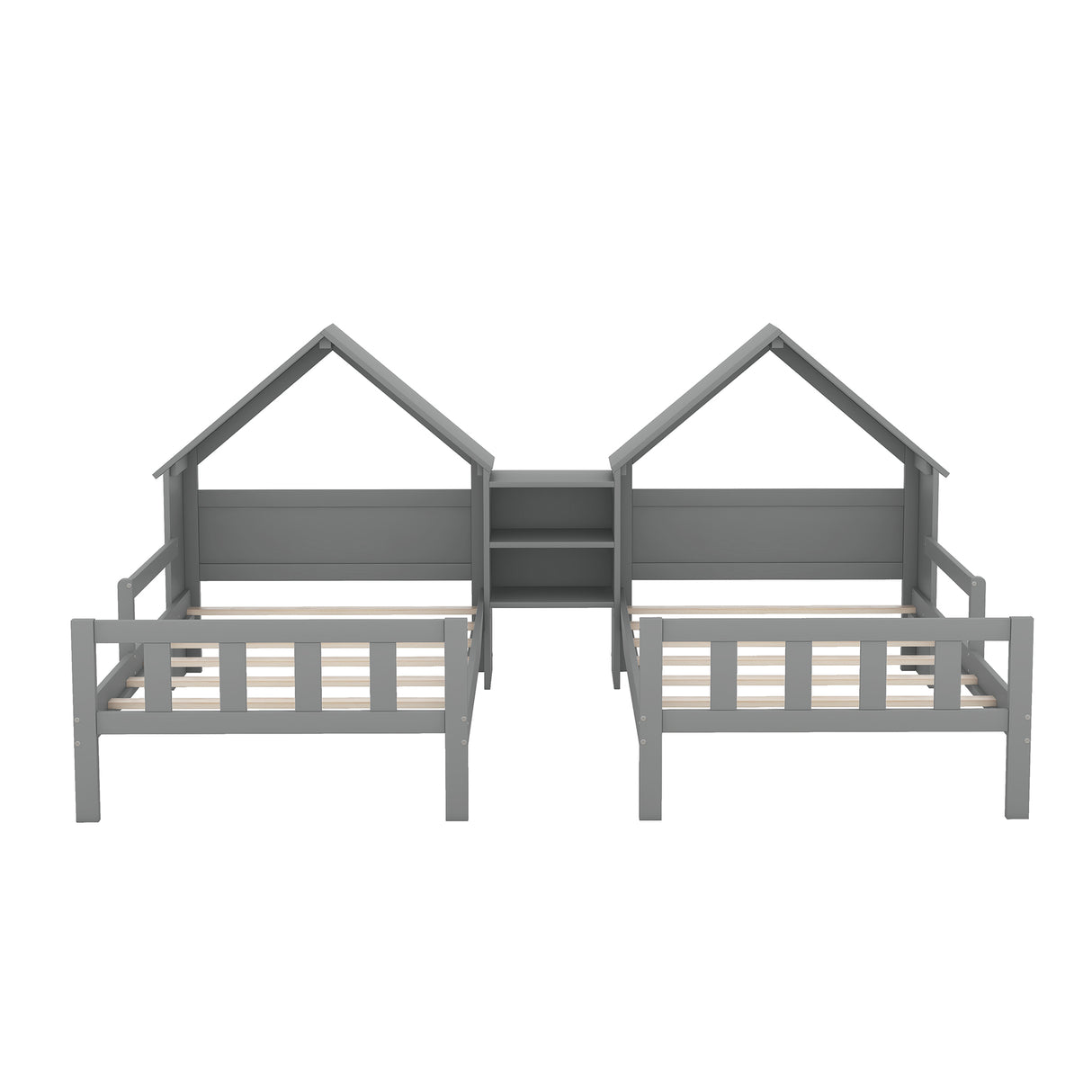 Double Twin Size Platform Bed with House-shaped Headboard and a Built-in Nightstand Grey