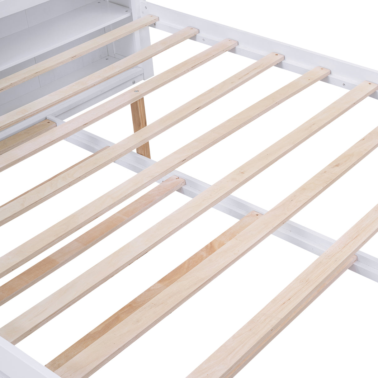 Queen Size Storage Platform Bed with Pull Out Shelves and Twin XL Size Trundle White