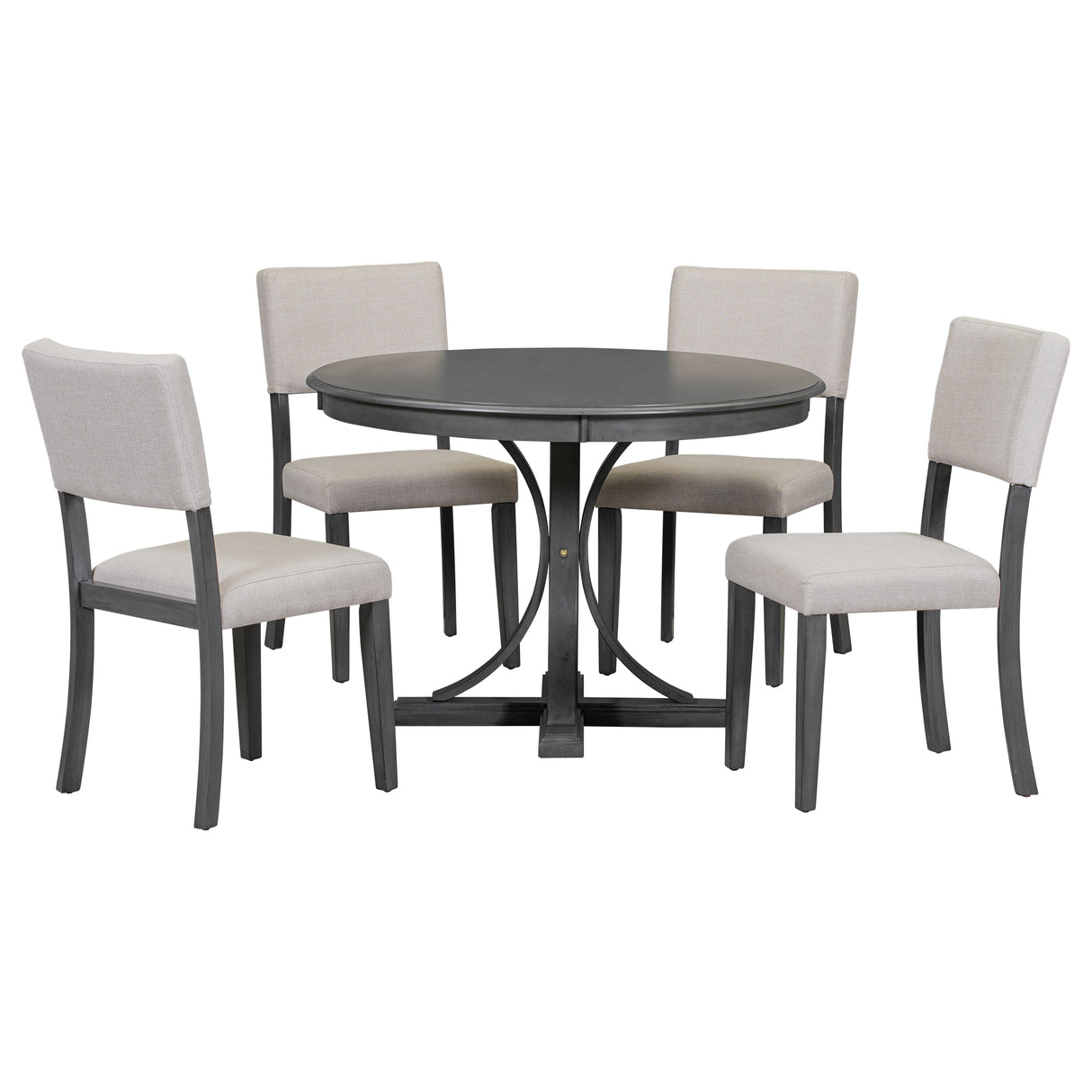 TREXM Five Piece Retro Round Dining Table Set with Curved Brackets and 4 Restaurant Cushioned Chairs (Dark Gray)