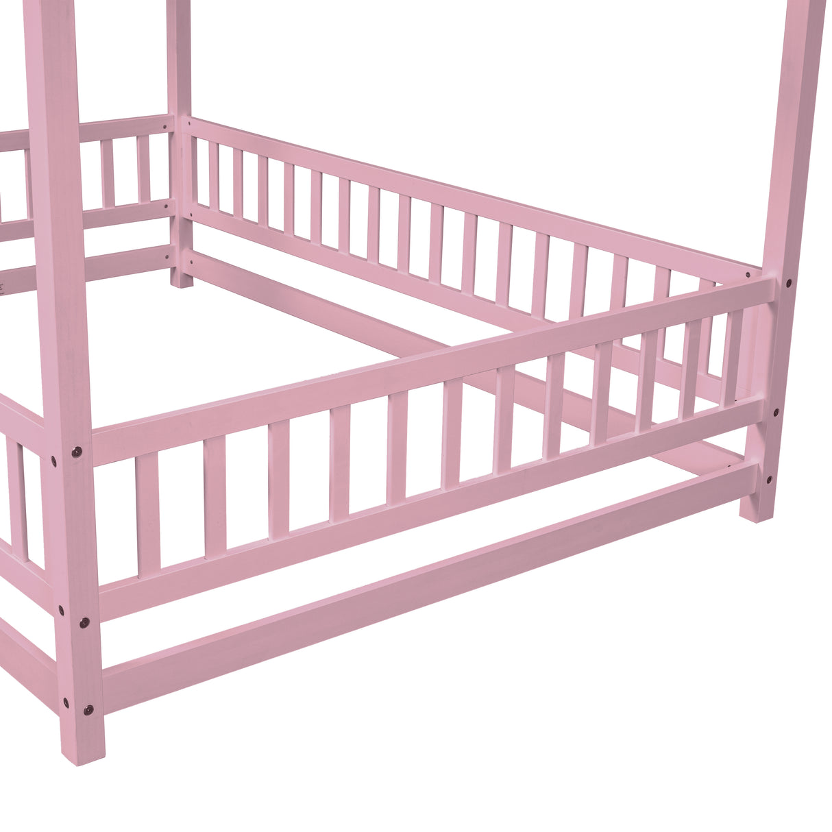 Full Size Floor Wooden Bed with House Roof Frame, Fence Guardrails ,Pink - V.I.P Digital Presence