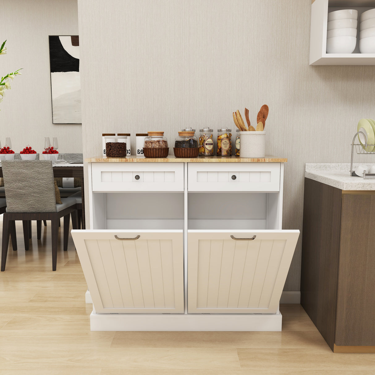 Two Drawers and Two-Compartment Tilt-Out Trash Cabinet Kitchen Trash Cabinet-White - V.I.P Digital Presence