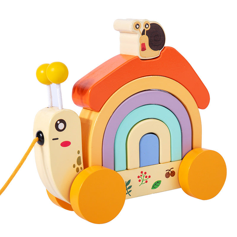 Wooden children's rainbow snail tractor color matching cognitive building blocks fun rope learning walker - V.I.P Digital Presence