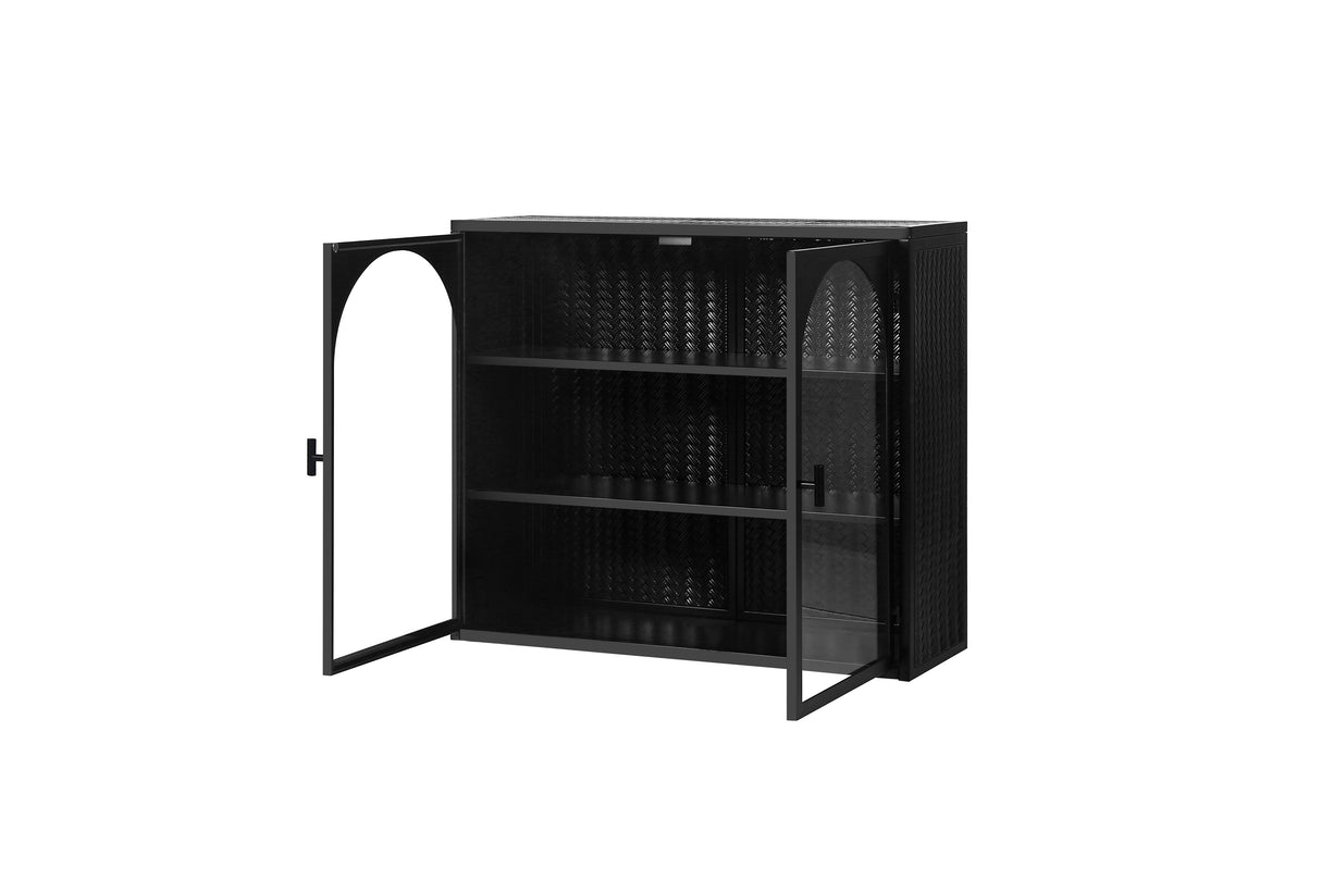27.56"Glass Doors Modern Two-door Wall Cabinet with Featuring Three-tier Storage Black