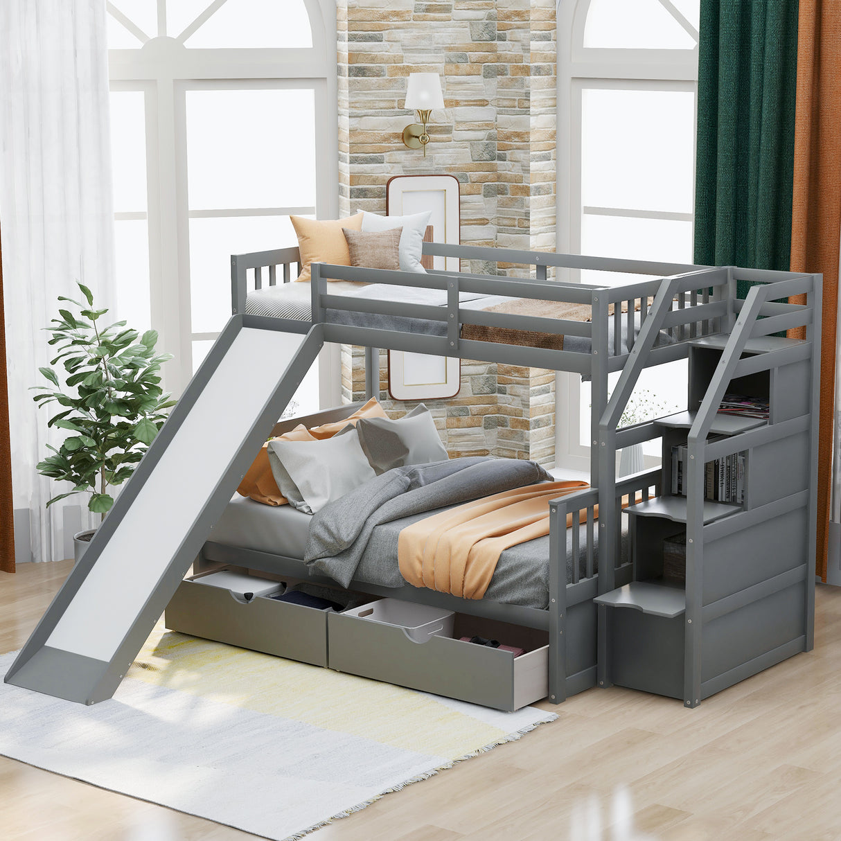 Twin over Full Bunk Bed with Drawers Storage and Slide Multifunction Gray
