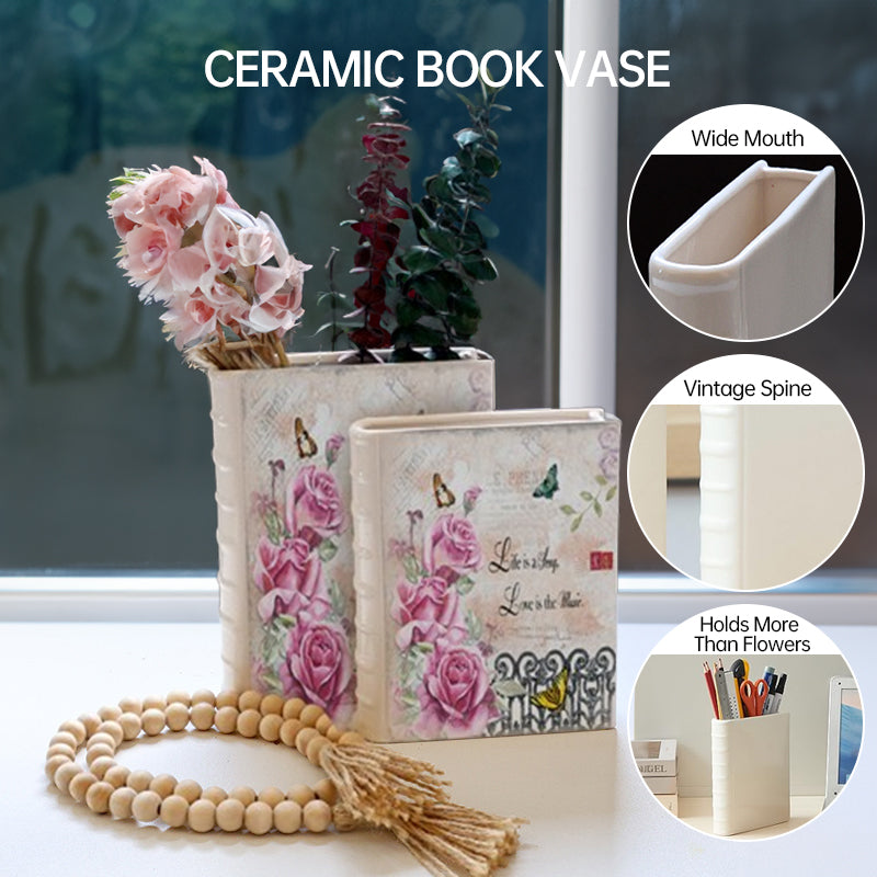 Book Vase - Ceramic, Cute & for Home Decor, with Flower & Shelf Options - V.I.P Digital Presence