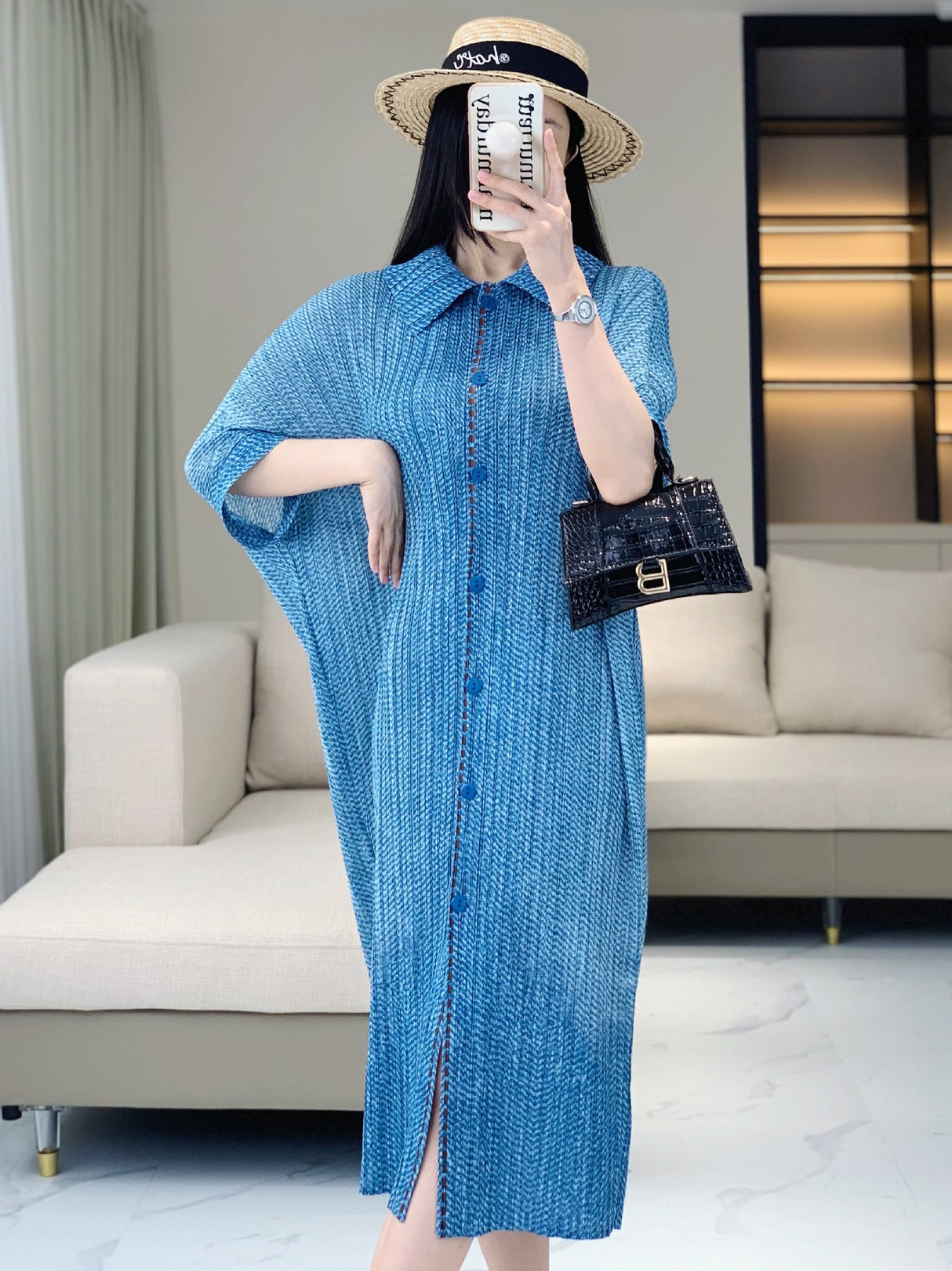 Casual loose dress women's summer solid color trend lapel button short sleeved pleated mid length skirt