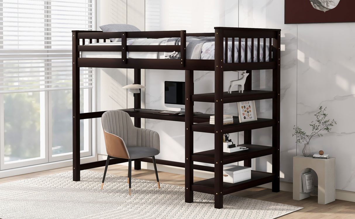 Twin Size Loft Bed with Storage Shelves and Under-bed Desk Espresso