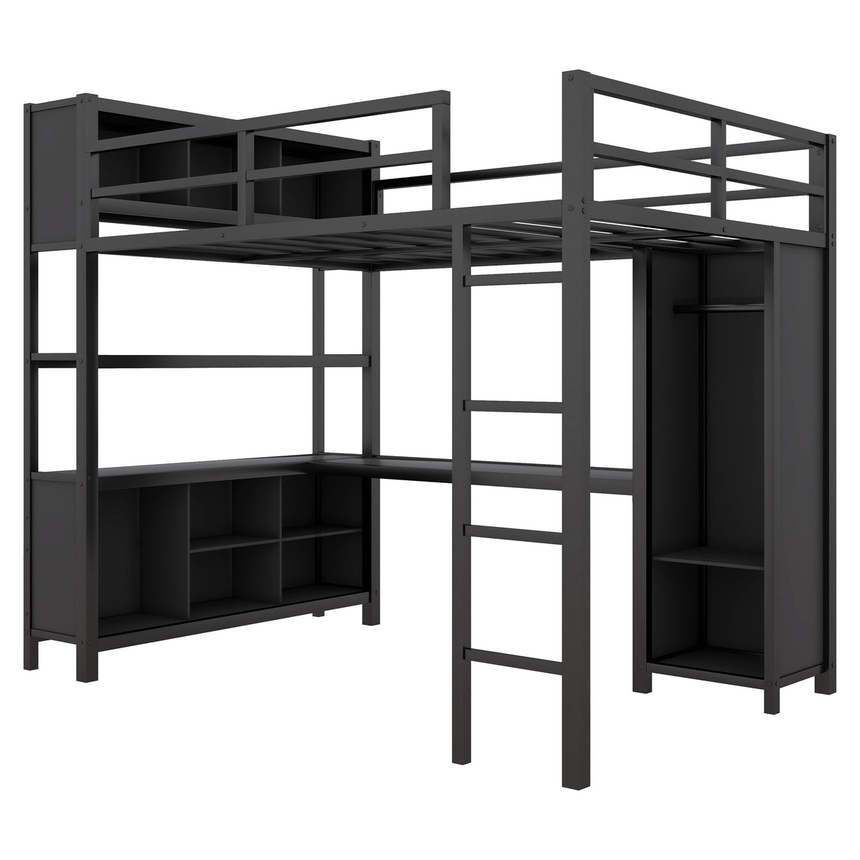 Metal loft bed with wardrobe and L-shaped desk, full-size loft bed with storage cabinet and shelf, heavy-duty loft bed, black - V.I.P Digital Presence