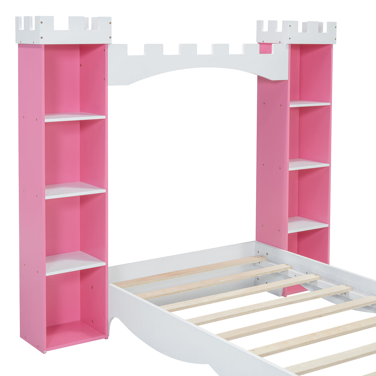 Castle-Shaped Wooden Bed with Storage Shelf, Dreamy Twin Size Platform Bed for Kids Bedroom, Pink+ White - V.I.P Digital Presence