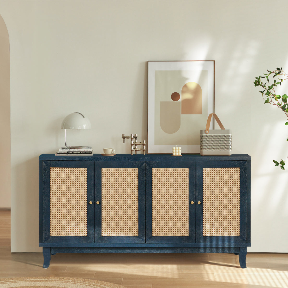 Handcrafted Premium Grain Panels Rattan Sideboard Buffer Cabinet Accent Storage Cabinet With 4 Rattan Doors BLUE - V.I.P Digital Presence
