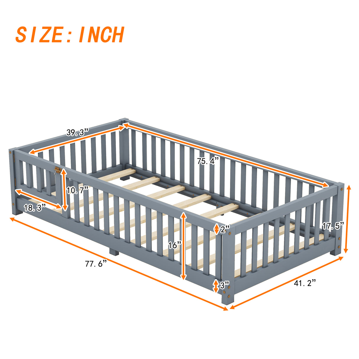 Twin Size Bed Floor Bed with Safety Guardrails and Door for Kids, Gray - V.I.P Digital Presence