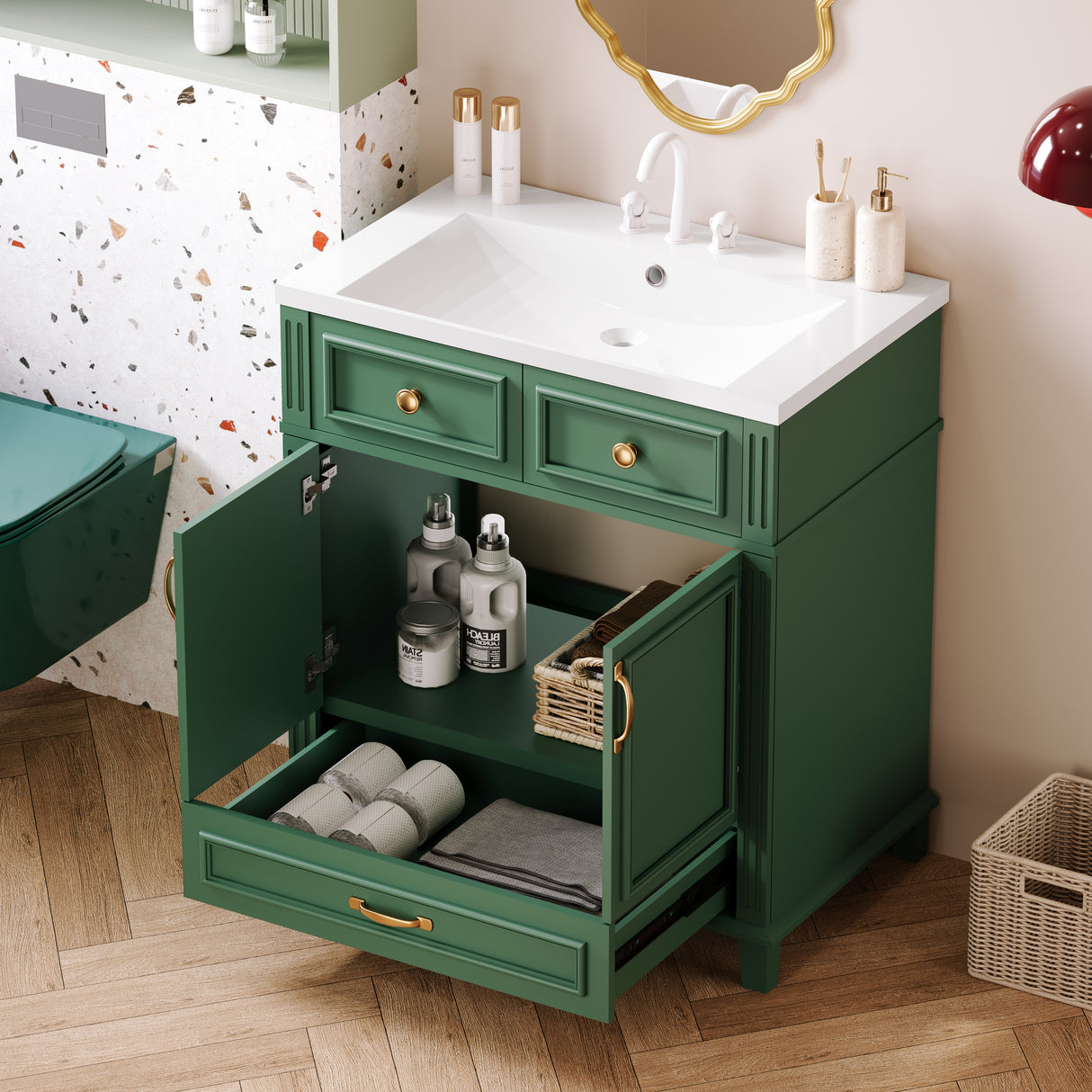 30 inch uncovered bathroom vanity with soft closed door, limited to solid wood frame bathroom storage cabinet green - V.I.P Digital Presence