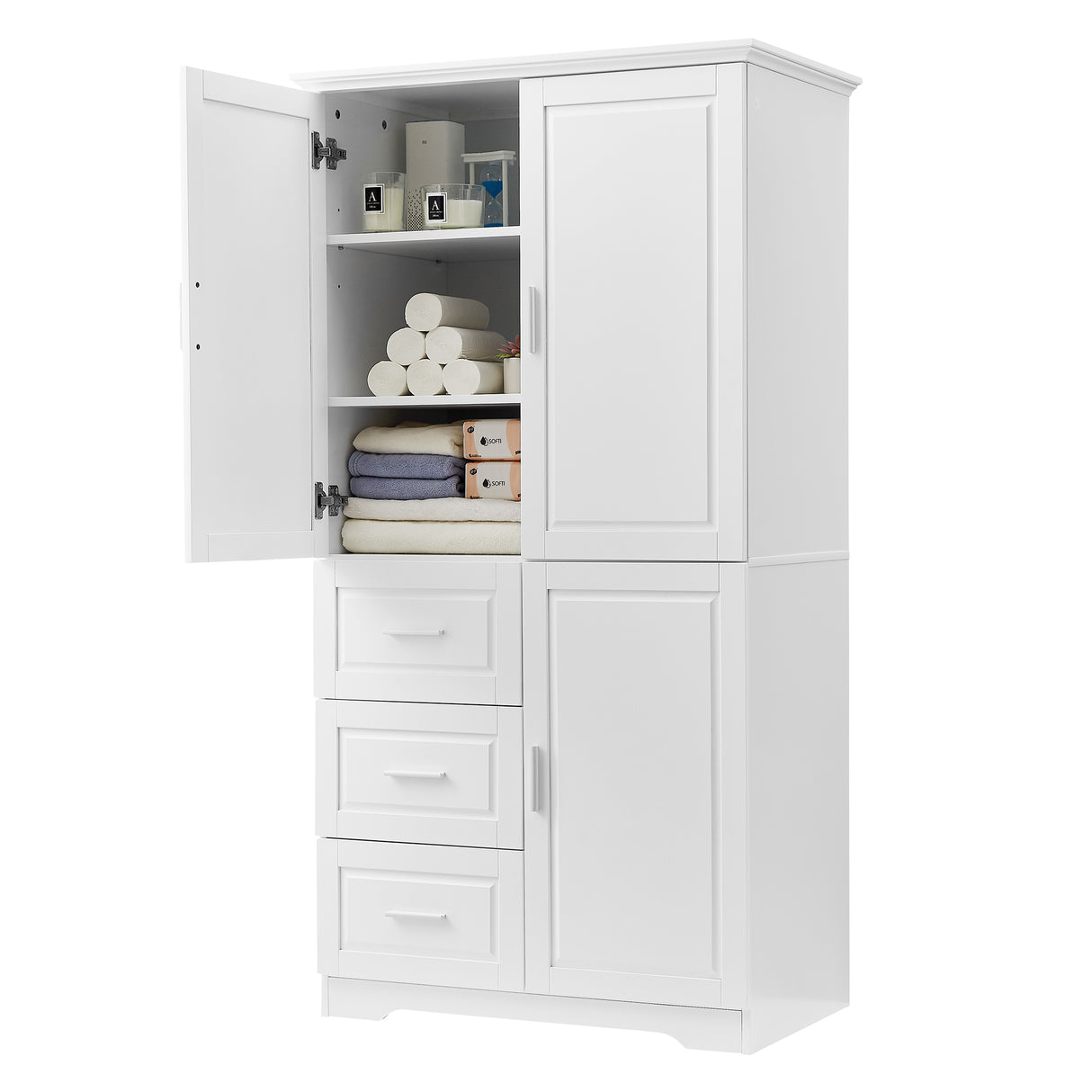 Tall and Wide Storage Cabinet with Doors for Bathroom/Office, Three Drawers, White - V.I.P Digital Presence